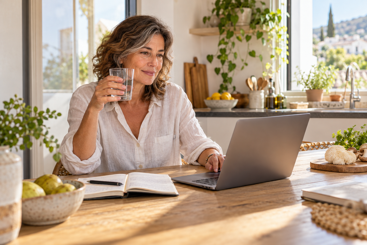 Mujer adulta trabajando en una cocina mediterránea luminosa con agua y melena de león, imagen editorial sin texto