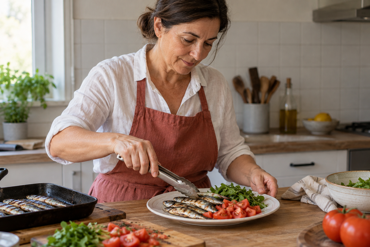 Mujer preparando una comida con pescado y verduras en una cocina luminosa