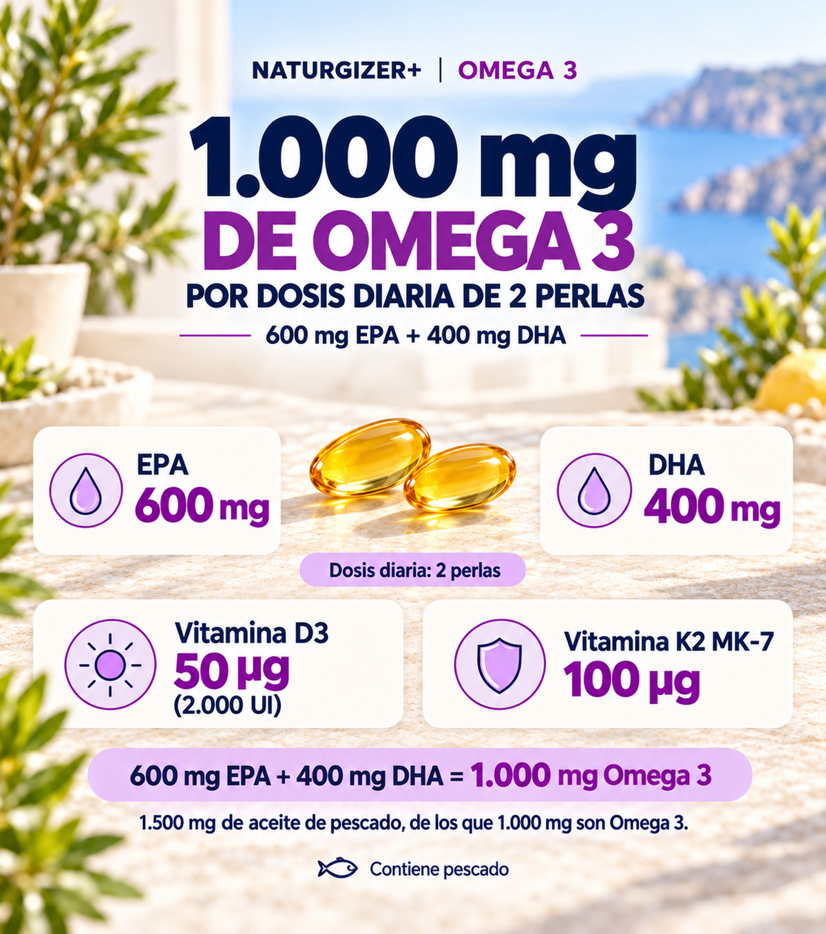 Composición de omega-3, EPA, DHA, D3 y K2 por dos perlas