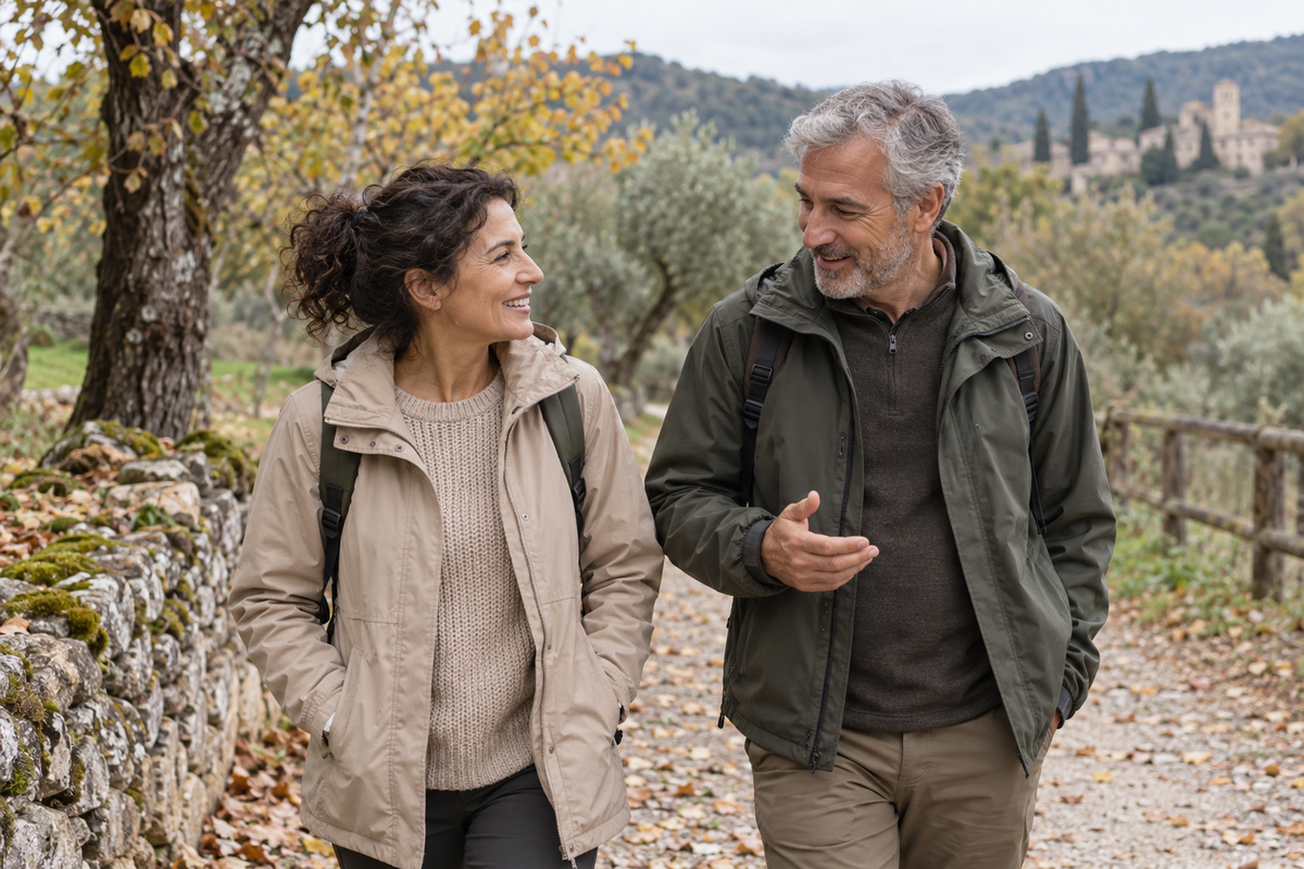 Pareja adulta paseando y conversando por un sendero arbolado — Imagen generada con IA; personas ficticias.