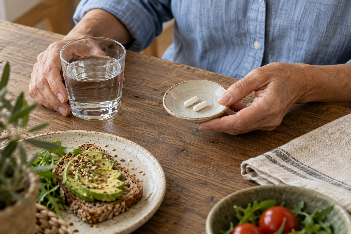 Manos junto a un desayuno, un vaso de agua y dos cápsulas blancas sobre un platillo