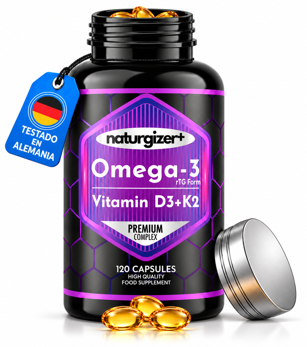 Bote abierto de Omega-3 Naturgizer+ con perlas doradas