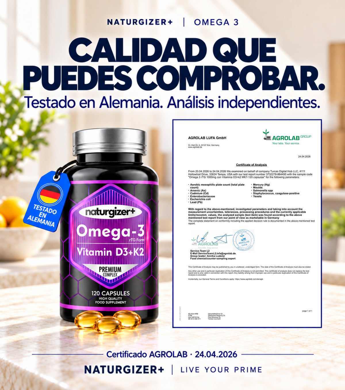 Certificado AGROLAB original de Omega-3 Naturgizer+