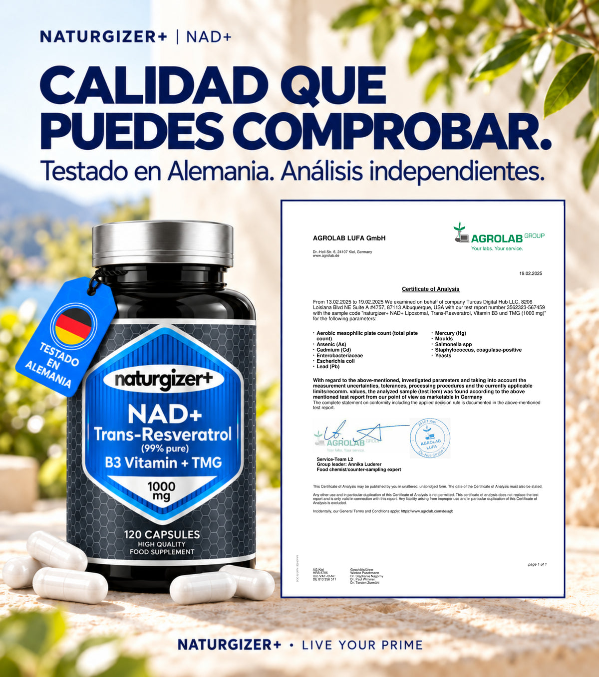 Certificado de análisis AGROLAB original de NAD+