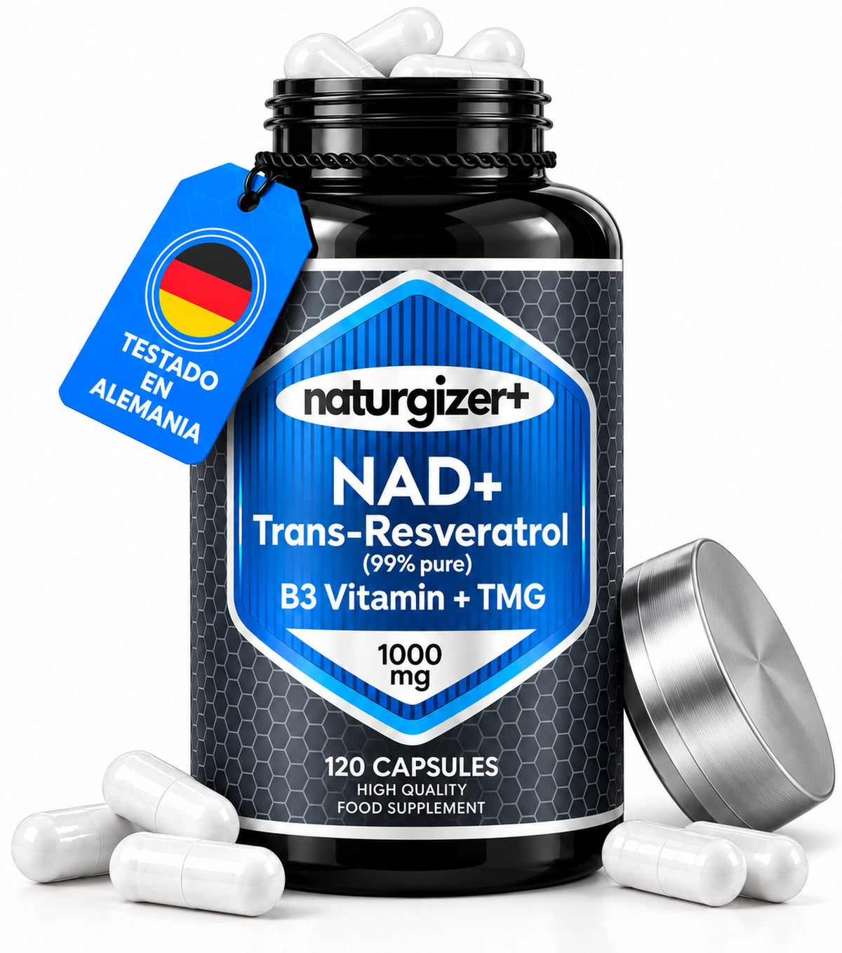 Bote abierto de NAD+ Naturgizer+ y cápsulas blancas